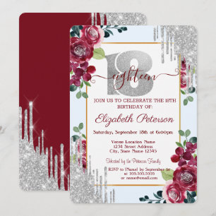 Elegant Burgundy Roses Glitter Drips Invitation