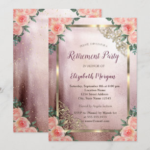 Elegant Burgundy Roses Gold Frame Retirement Invitation