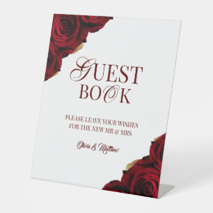 Elegant Burgundy Roses Guest Book Wedding Pedestal Sign