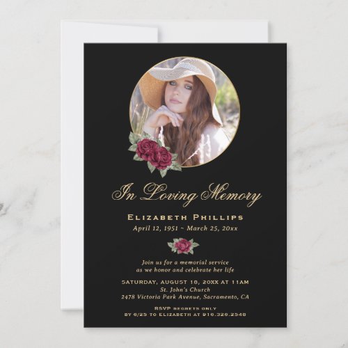 Elegant Burgundy Roses Memorial Service Photo Invitation