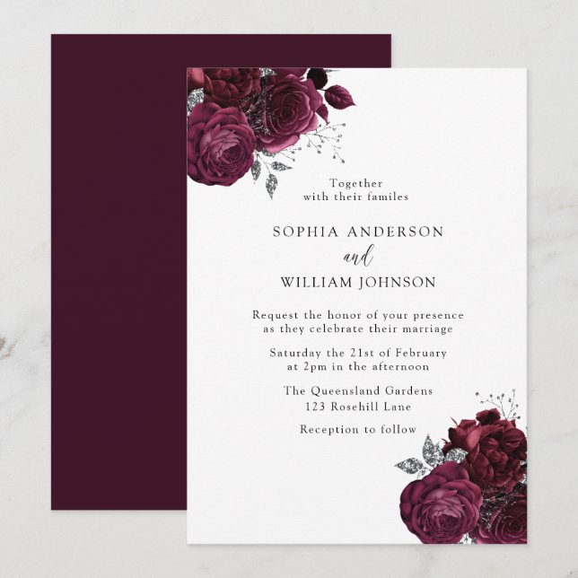 Elegant Burgundy Roses Modern Floral Wedding Invitation (Front/Back)
