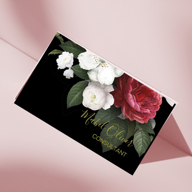 Elegant Burgundy Roses Modern QR Code  Gold   Business Card (Creator Uploaded)