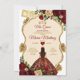 Elegant Burgundy Roses Princess Gold Quinceañera Invitation
