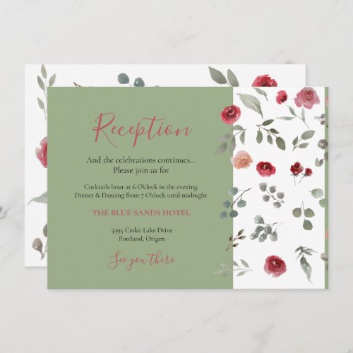 Elegant Burgundy Roses Sage Green Reception Enclosure Card