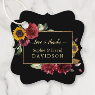 Elegant Burgundy Roses Sunflower Gold Wedding Favor Tags