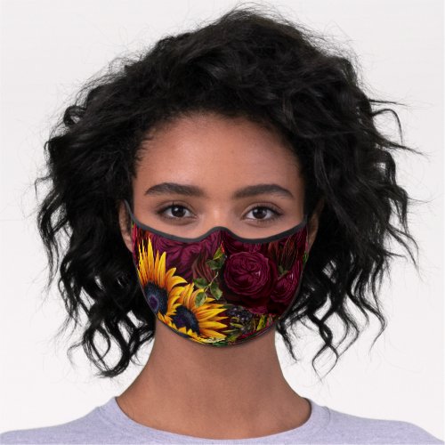 Elegant burgundy roses sunflowers fashion premium face mask