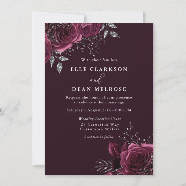 Elegant Burgundy Roses Wedding Invitation (Front)
