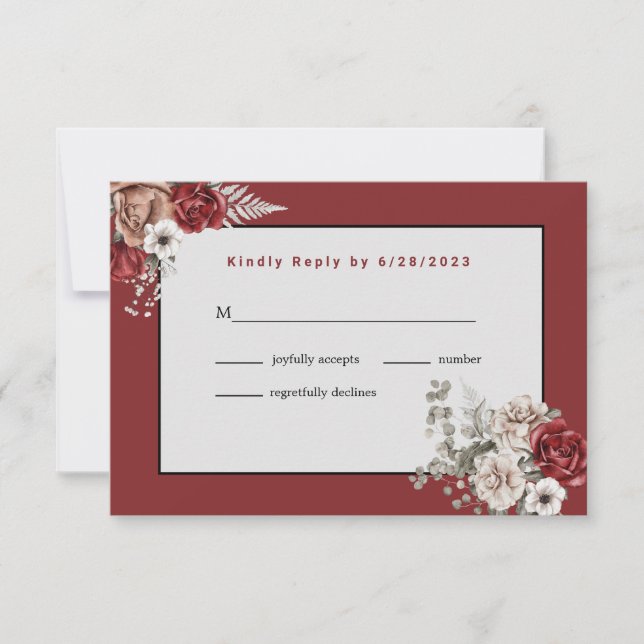 Elegant Burgundy Roses Wedding (no meal) RSVP Card (Front)