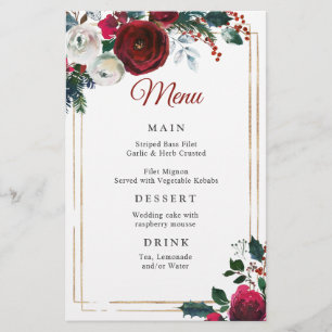 Elegant Burgundy Roses Winter Wedding Dinner Menu