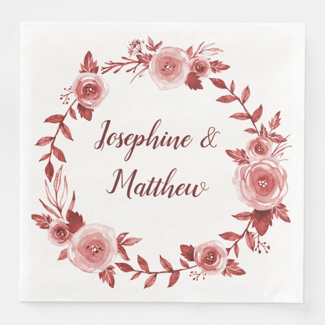 Elegant Burgundy Roses Wreath Wedding Paper Dinner Napkins (Front)