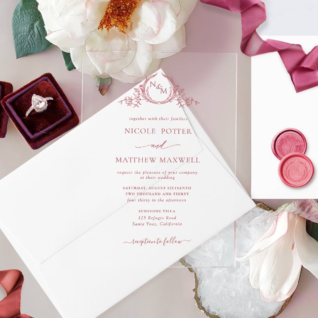 Elegant Burgundy Royal Crown Wreath Monogram Acrylic Invitations (Creator Uploaded)