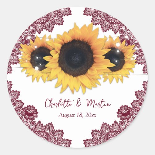 Elegant Burgundy Rustic Chic Sunflower Wedding Classic Round Sticker