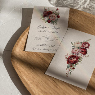 Elegant Burgundy Rustic Floral Watercolor Wedding Invitation