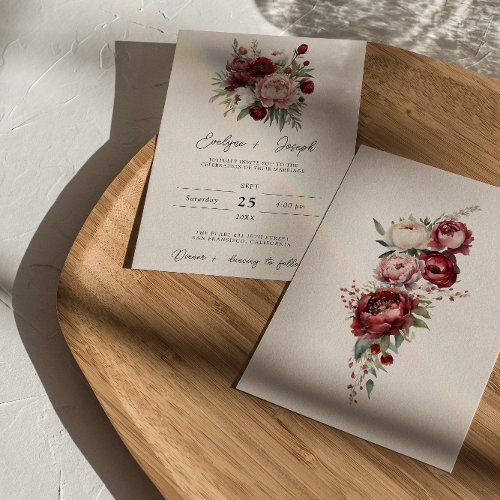 Elegant Burgundy  Rustic Floral Watercolor Wedding Invitation