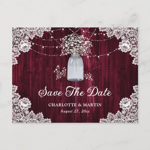 Elegant Burgundy Rustic Wood Babys Breath Wedding Announcement Postcard