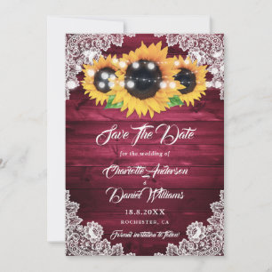 Elegant Burgundy Rustic Wood Lace Sunflower Save The Date