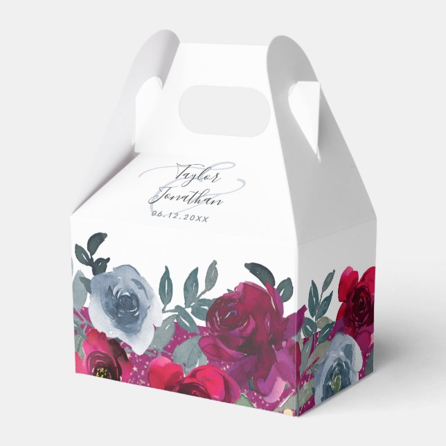 Elegant Burgundy Sage Green Blue Floral Wedding Favor Boxes (Front Side)