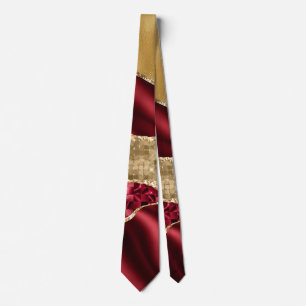 Elegant Burgundy Satin Red Gold Glitter Neck Tie