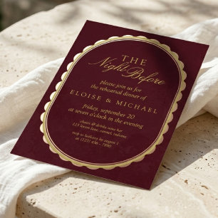 Elegant Burgundy Scalloped Oval Rehearsal Dinner Foil Invitation