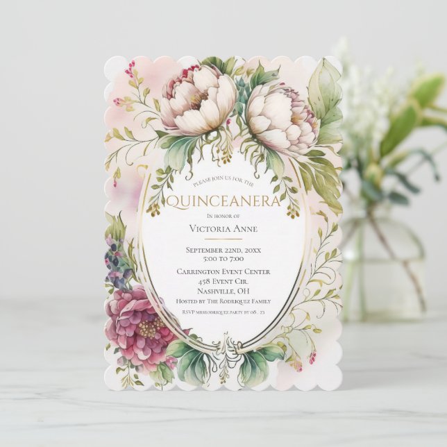 Elegant Burgundy Scalloped Quinceanera Invitation (Standing Front)