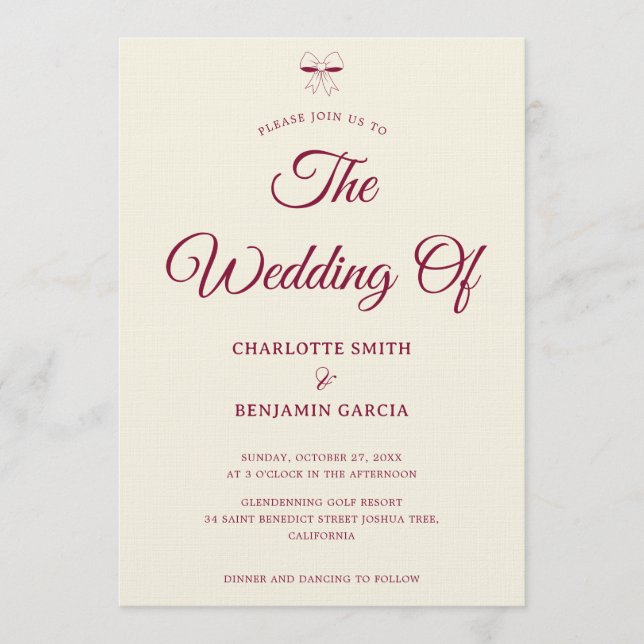 Elegant Burgundy Script Cream Ivory Bow Wedding Invitation (Front)