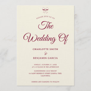 Elegant Burgundy Script Cream Ivory Bow Wedding Invitation