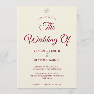 Elegant Burgundy Script Cream Ivory Bow Wedding Invitation