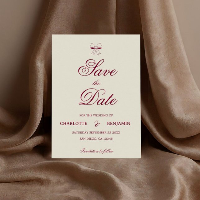 Elegant Burgundy Script Cream Ivory Bow Wedding Save The Date (Creator Uploaded)