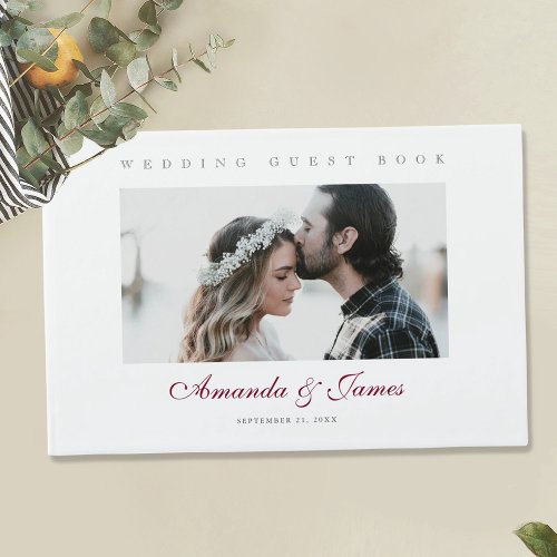 Elegant Burgundy Script Custom Photo Wedding Guest Book