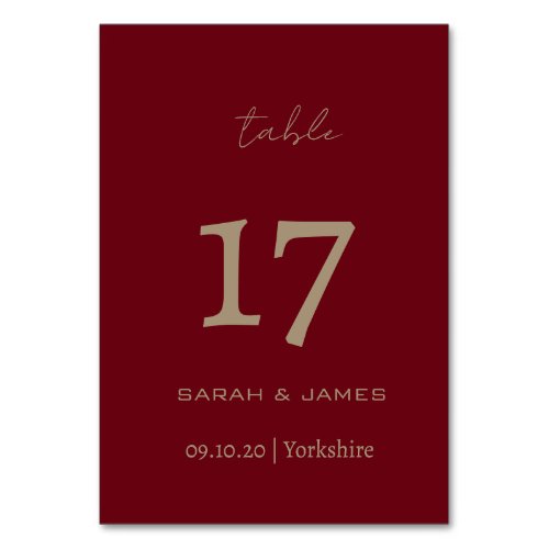 Elegant Burgundy Script Custom Table Number Card 