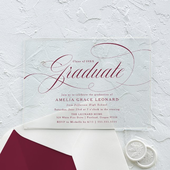 Elegant Burgundy Script Graduation Party Acrylic Invitations (Creator Uploaded)