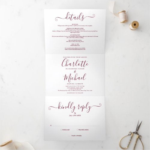 Elegant Burgundy Script Minimalist Photo Wedding T Tri_Fold Invitation