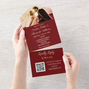 Elegant Burgundy Script Modern RSVP QR Code  All I All In One Invitation