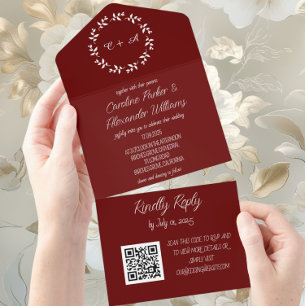 Elegant Burgundy Script Modern RSVP QR Code All In One Invitation