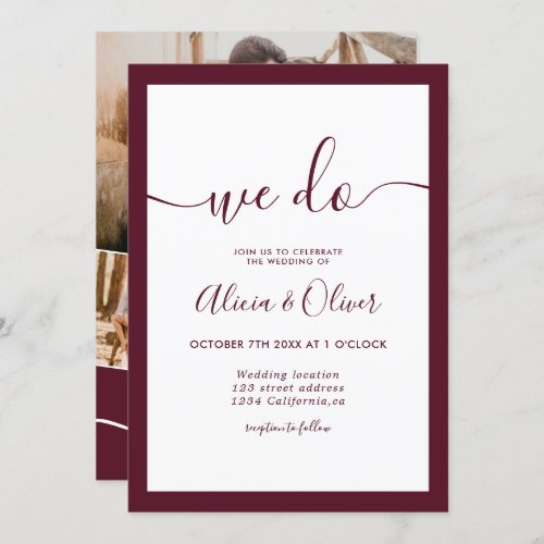 Elegant burgundy script photo initials wedding invitation