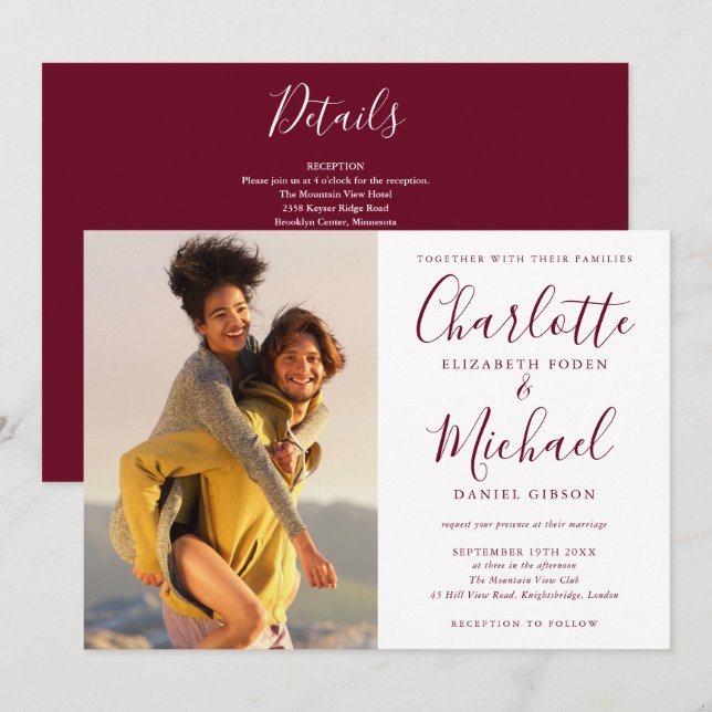 Elegant Burgundy Script Photo Wedding All In One Invitation (Front/Back)