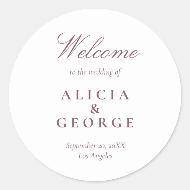 Elegant burgundy script simple wedding favor classic round sticker (Front)