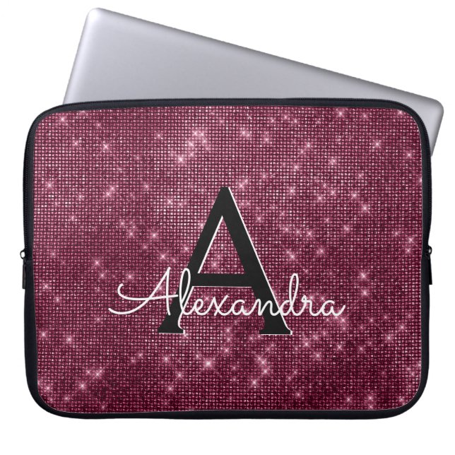 Elegant Burgundy Shimmer and Sparkle Monogram Laptop Sleeve (Front)