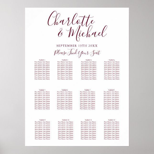 Elegant Burgundy Signature Wedding Seating Chart (Front)