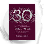 Elegant Burgundy Silver 30th Birthday Invitation<br><div class="desc">Elegant burgundy silver 30th birthday party invitation. Customizable modern feminine design featuring roses botanical accents and faux glitter silver. Simple floral invite card perfect for a stylish female bday celebration. Personalize with your own details. Printed Zazzle invitations or instant download digital printable template.</div>