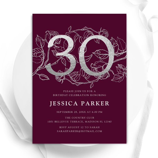 Elegant Burgundy Silver 30th Birthday Invitation (Creator Uploaded)