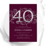 Elegant Burgundy Silver 40th Birthday Invitation<br><div class="desc">Elegant burgundy silver 40th birthday party invitation. Customizable modern feminine design featuring roses botanical accents and faux glitter silver. Simple floral invite card perfect for a stylish female bday celebration. Personalize with your own details. Printed Zazzle invitations or instant download digital printable template.</div>
