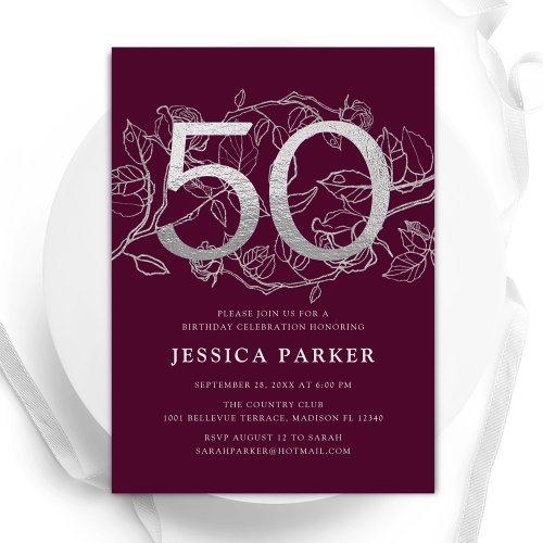 Elegant Burgundy Silver 50th Birthday Invitation