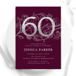 Elegant Burgundy Silver 60th Birthday Invitation<br><div class="desc">Elegant burgundy silver 60th birthday party invitation. Customizable modern feminine design featuring roses botanical accents and faux glitter silver. Simple floral invite card perfect for a stylish female bday celebration. Personalize with your own details. Printed Zazzle invitations or instant download digital printable template.</div>