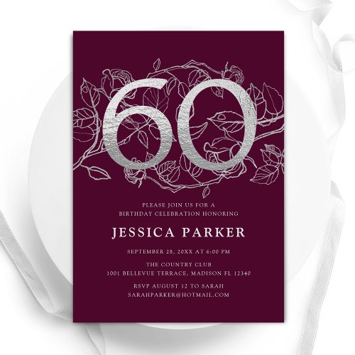 Elegant Burgundy Silver 60th Birthday Invitation