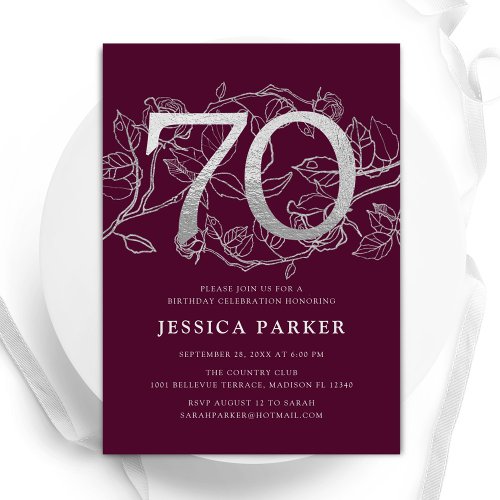 Elegant Burgundy Silver 70th Birthday Invitation