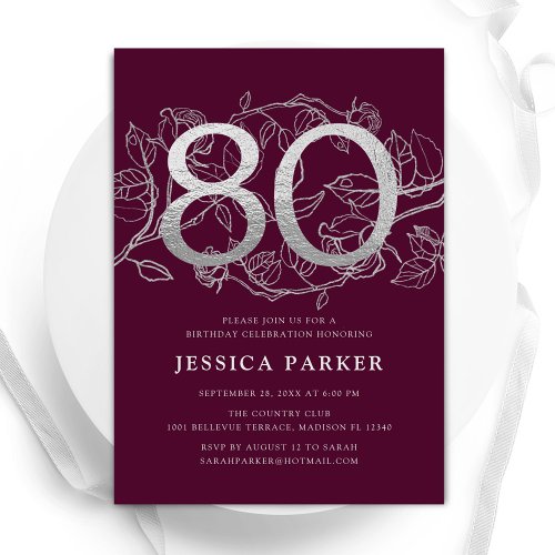 Elegant Burgundy Silver 80th Birthday Invitation