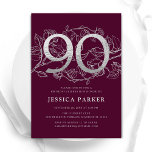 Elegant Burgundy Silver 90th Birthday Invitation<br><div class="desc">Elegant burgundy silver 90th birthday party invitation. Customizable modern feminine design featuring roses botanical accents and faux glitter silver. Simple floral invite card perfect for a stylish female bday celebration. Personalize with your own details. Printed Zazzle invitations or instant download digital printable template.</div>