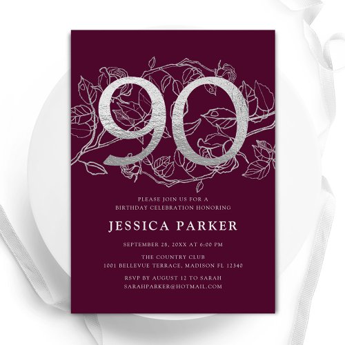 Elegant Burgundy Silver 90th Birthday Invitation