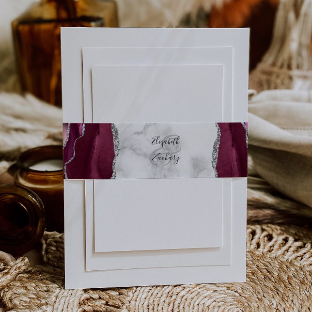 Elegant Burgundy Silver Agate Marble Wedding Invitation Belly Band (Creator Uploaded)